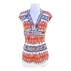 Trina Turk Multicolor Tribal Art 100% Silk Blouse Size 2 With Side Zipper